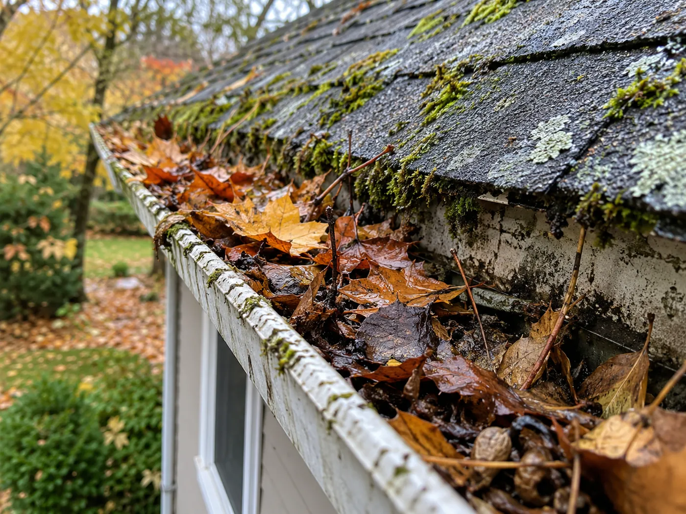 Illustratives Symbolbild einer durch Herbstlaub verstopften Regenrinne