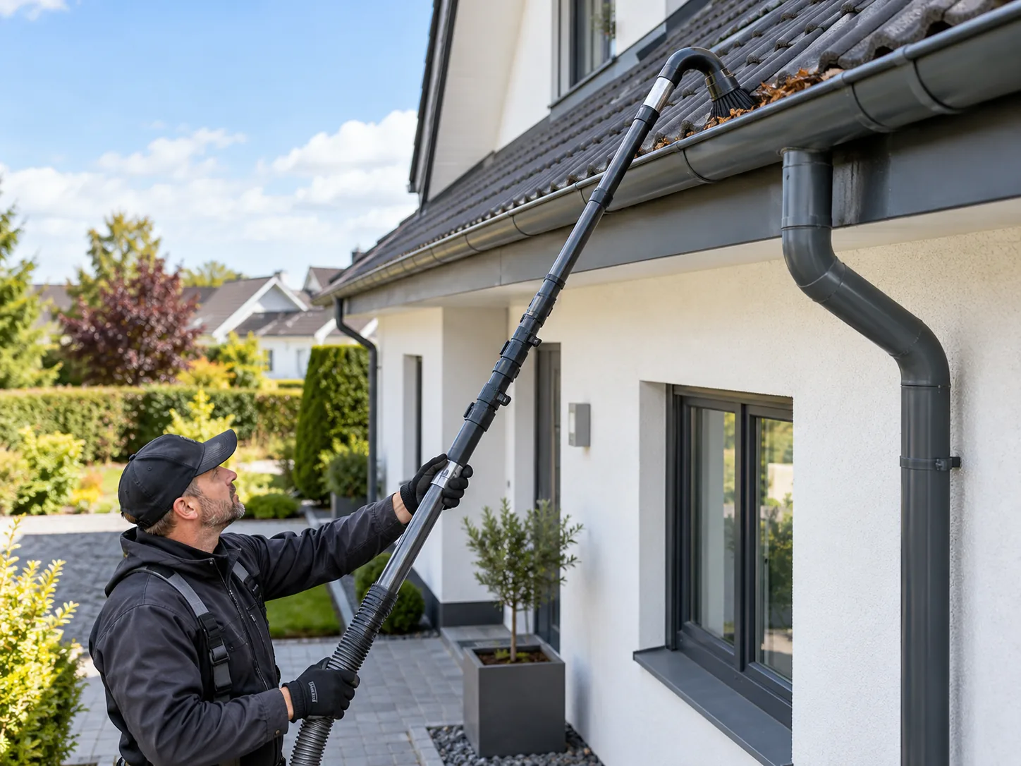 Anschauliches Symbolbild: Reinigung einer Regenrinne vom Boden aus mit einer teleskopierbaren Sauglanze